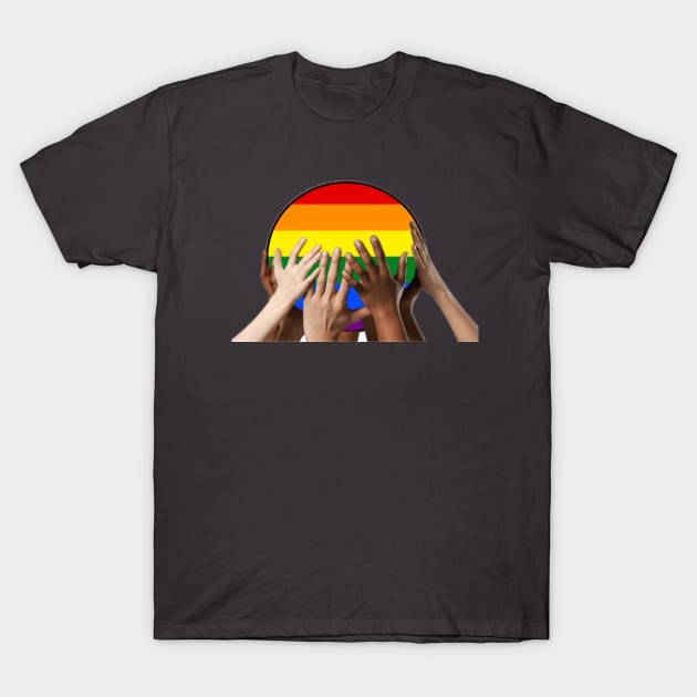 Gay Pride Hands holding up Rainbow Globe T-Shirt by Battlefoxx Living Earth